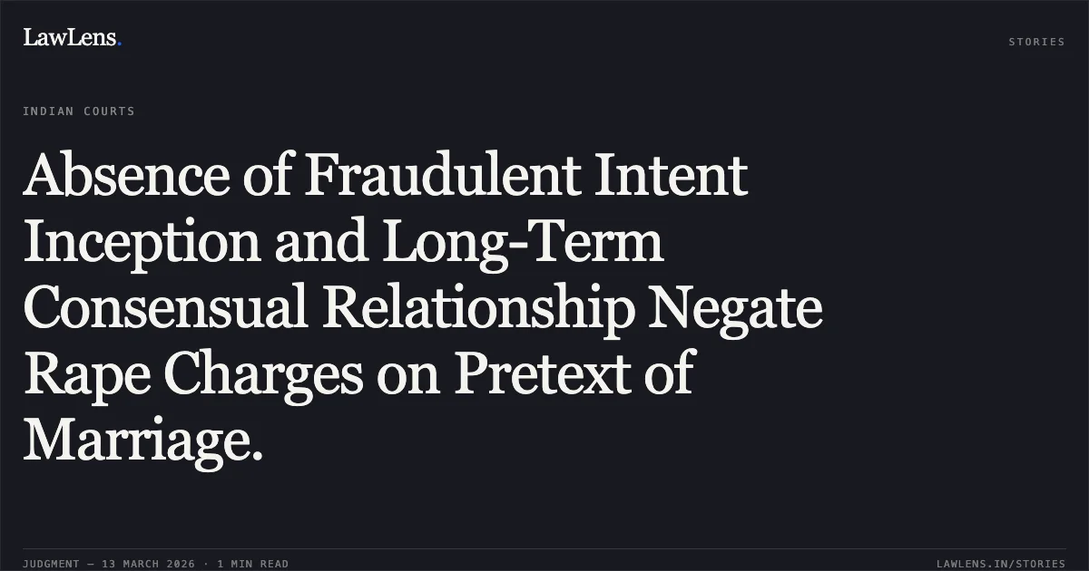 Absence of Fraudulent Intent Inception and Long-Term Consensual Relationship Negate Rape Charges on Pretext of Marriage.. Amlon Tirkey v. State Of Chhattisgarh & Anr. [2026:CGHC:11780-DB]. Chhattisgarh High Court. LawLens