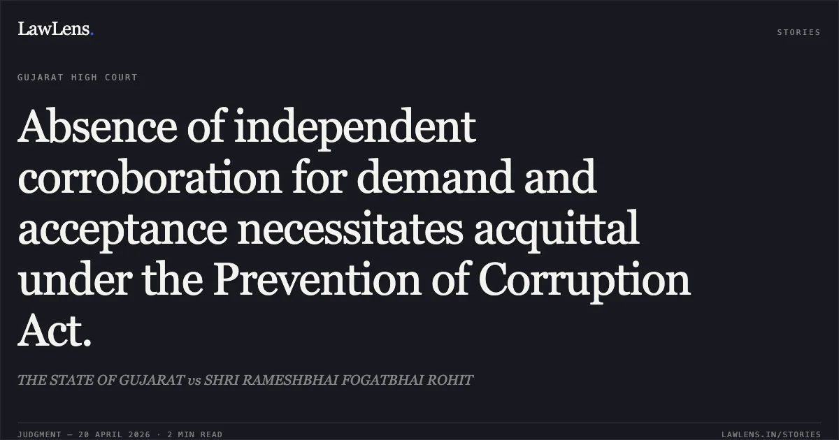 Absence of independent corroboration for demand and acceptance necessitates acquittal under the Prevention of Corruption Act.. THE STATE OF GUJARAT vs SHRI RAMESHBHAI FOGATBHAI ROHIT. Gujarat High Court. LawLens