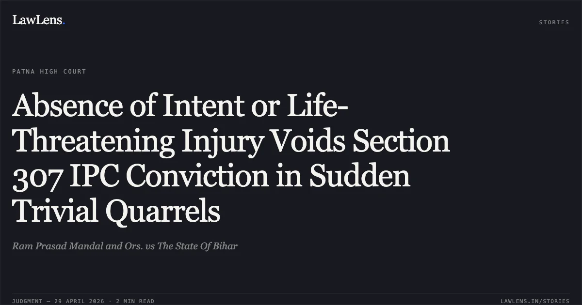 Absence of Intent or Life-Threatening Injury Voids Section 307 IPC Conviction in Sudden Trivial Quarrels. Ram Prasad Mandal and Ors. vs The State Of Bihar. Patna High Court. LawLens