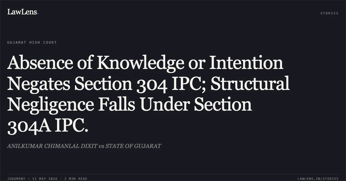 Absence of Knowledge or Intention Negates Section 304 IPC; Structural Negligence Falls Under Section 304A IPC.. ANILKUMAR CHIMANLAL DIXIT vs STATE OF GUJARAT. Gujarat High Court. LawLens