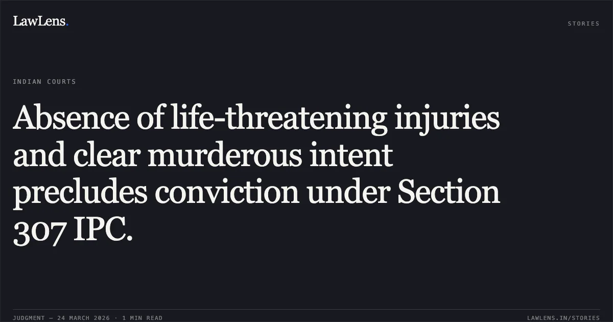 Absence of life-threatening injuries and clear murderous intent precludes conviction under Section 307 IPC.. KALAM SAHU vs STATE OF CHHATTISGARH. Chhattisgarh High Court. LawLens