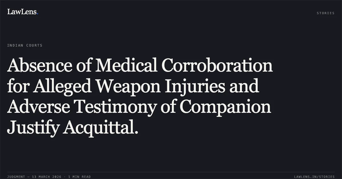 Absence of Medical Corroboration for Alleged Weapon Injuries and Adverse Testimony of Companion Justify Acquittal.. The State of Madhya Pradesh v. Rajvardhan Mishra and Others [Criminal Appeal No. 1650 of 2016]. Madhya Pradesh High Court. LawLens