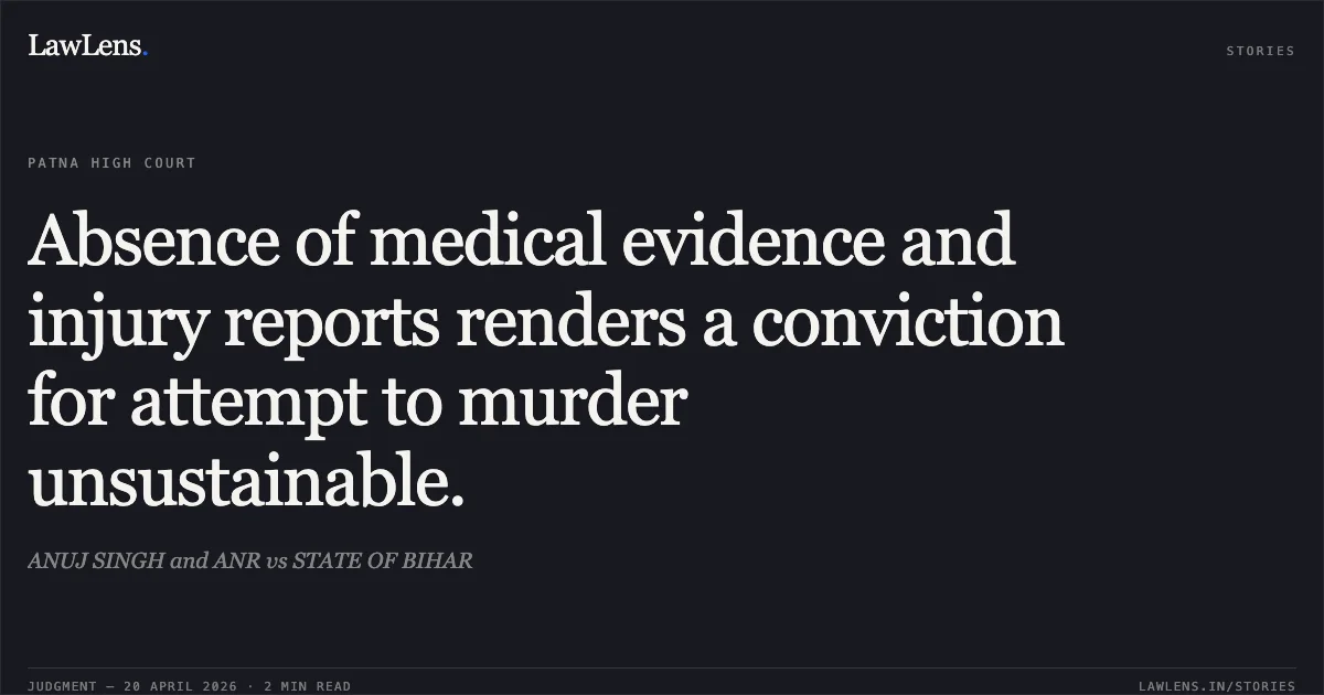Absence of medical evidence and injury reports renders a conviction for attempt to murder unsustainable.. ANUJ SINGH and ANR vs STATE OF BIHAR. Patna High Court. LawLens