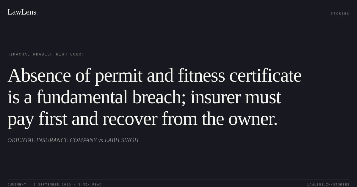 Absence of permit and fitness certificate is a fundamental breach; insurer must pay first and recover from the owner.. ORIENTAL INSURANCE COMPANY vs LABH SINGH. Himachal Pradesh High Court. LawLens