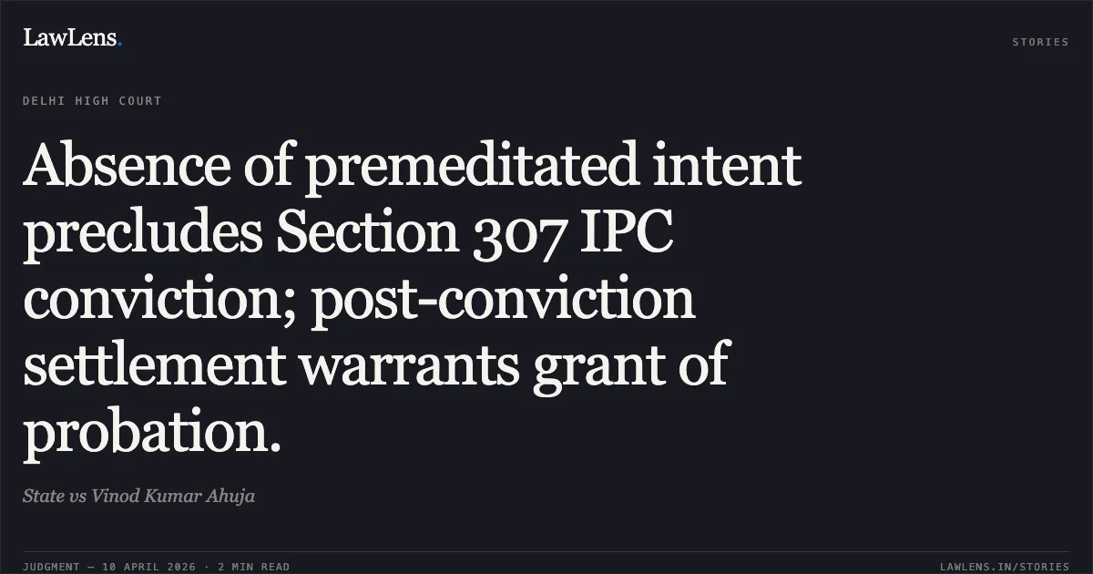 Absence of premeditated intent precludes Section 307 IPC conviction; post-conviction settlement warrants grant of probation.. State vs Vinod Kumar Ahuja. Delhi High Court. LawLens