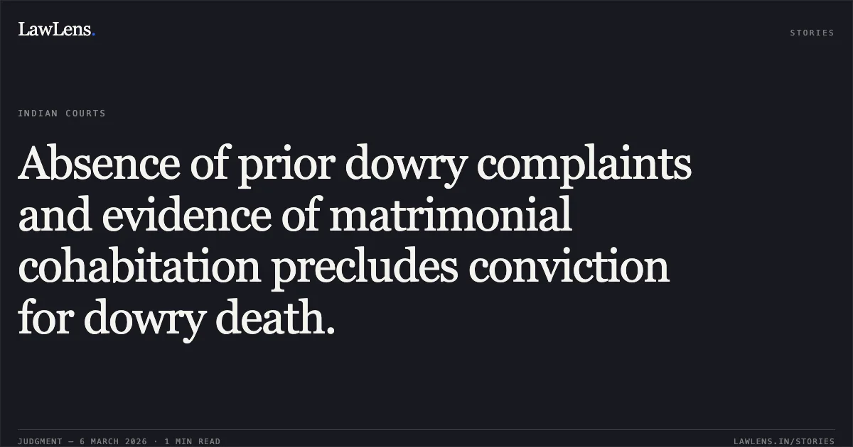 Absence of prior dowry complaints and evidence of matrimonial cohabitation precludes conviction for dowry death.. Rajendra Prasad Kachhi v. Monu Kachhi and Others [2026:MPHC-JBP:18151]. Madhya Pradesh High Court. LawLens