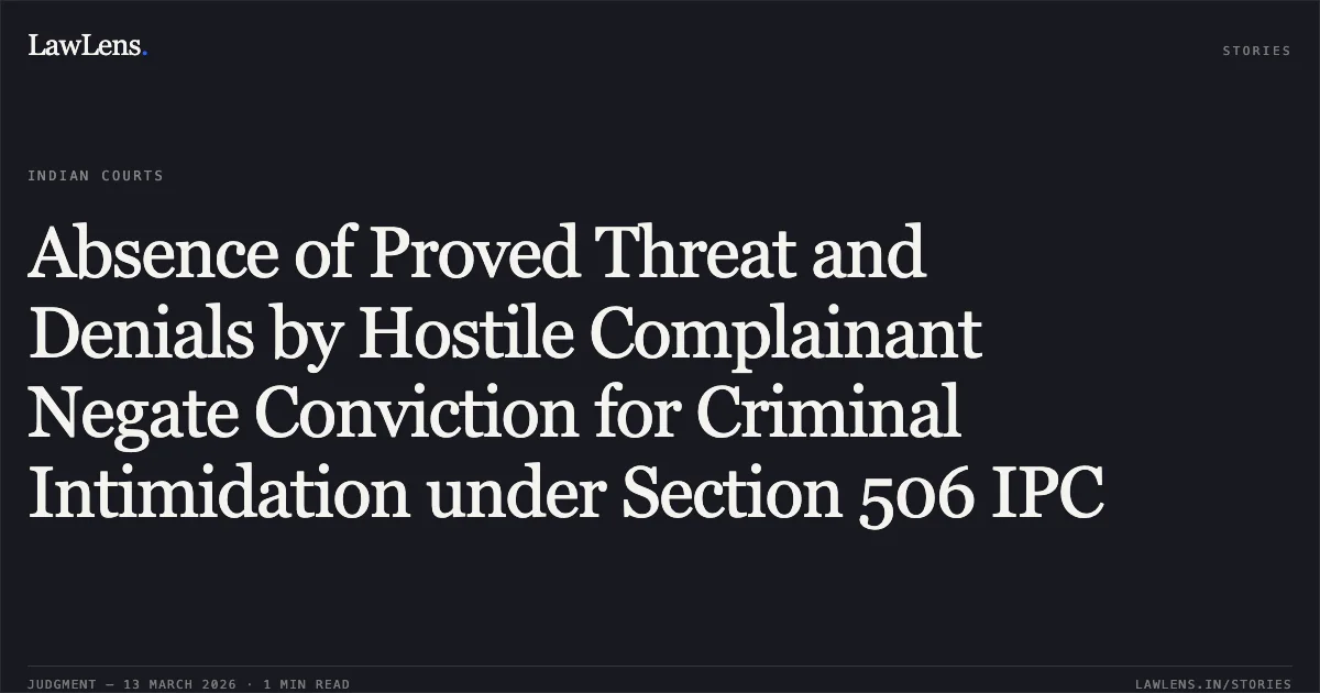 Absence of Proved Threat and Denials by Hostile Complainant Negate Conviction for Criminal Intimidation under Section 506 IPC. Jaswant Singh v. State, CRL.A. 752/2004. Delhi High Court. LawLens