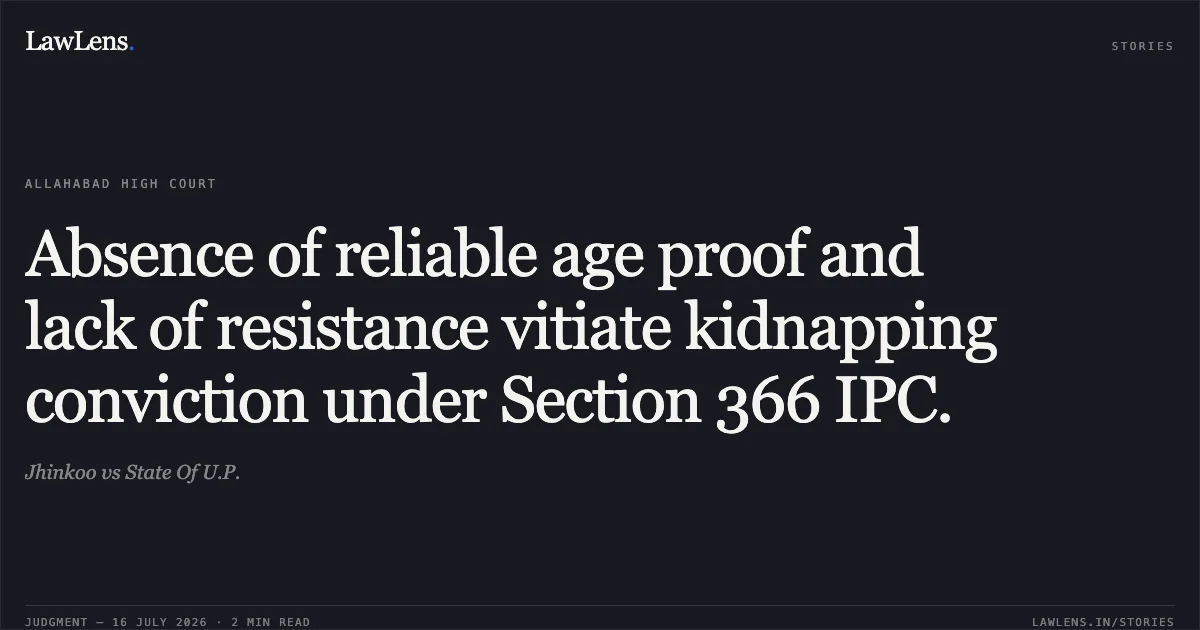 Absence of reliable age proof and lack of resistance vitiate kidnapping conviction under Section 366 IPC.. Jhinkoo vs State Of U.P.. Allahabad High Court. LawLens