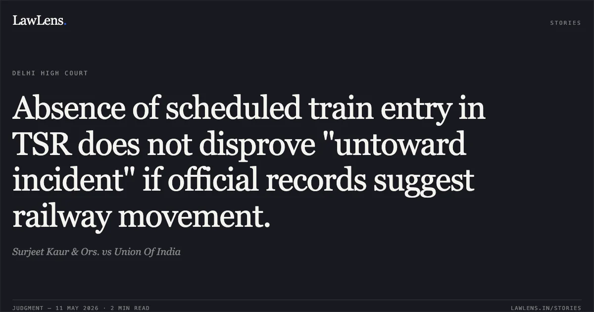Absence of scheduled train entry in TSR does not disprove "untoward incident" if official records suggest railway movement.. Surjeet Kaur & Ors. vs Union Of India. Delhi High Court. LawLens