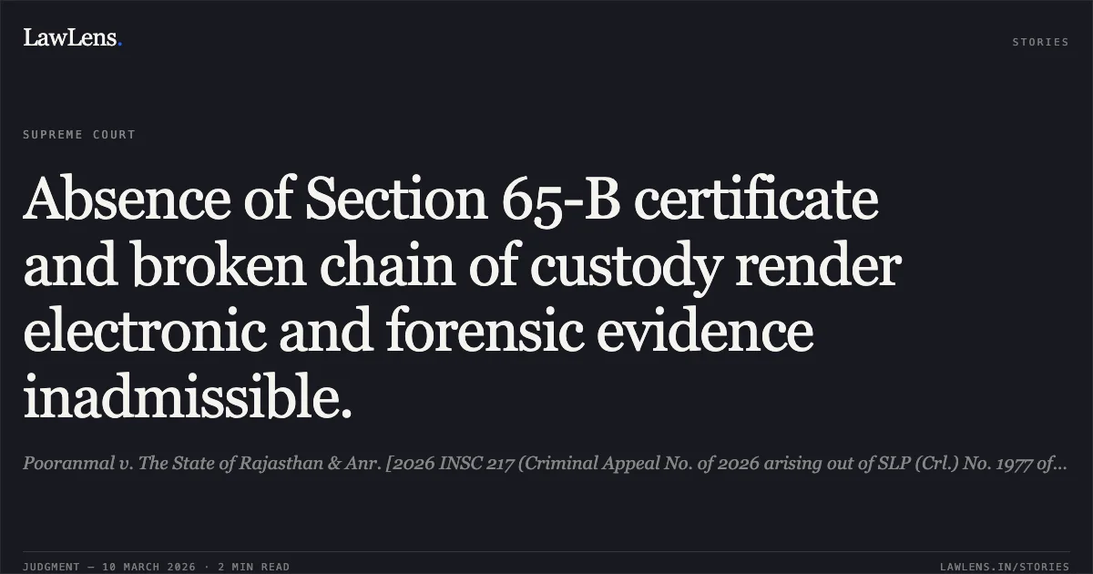 Absence of Section 65-B certificate and broken chain of custody render electronic and forensic evidence inadmissible.. Pooranmal v. The State of Rajasthan & Anr. [2026 INSC 217 (Criminal Appeal No. of 2026 arising out of SLP (Crl.) No. 1977 of 2026)]. Supreme Court. LawLens