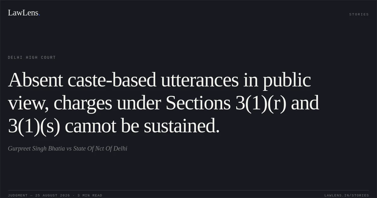 Absent caste-based utterances in public view, charges under Sections 3(1)(r) and 3(1)(s) cannot be sustained.. Gurpreet Singh Bhatia vs State Of Nct Of Delhi. Delhi High Court. LawLens