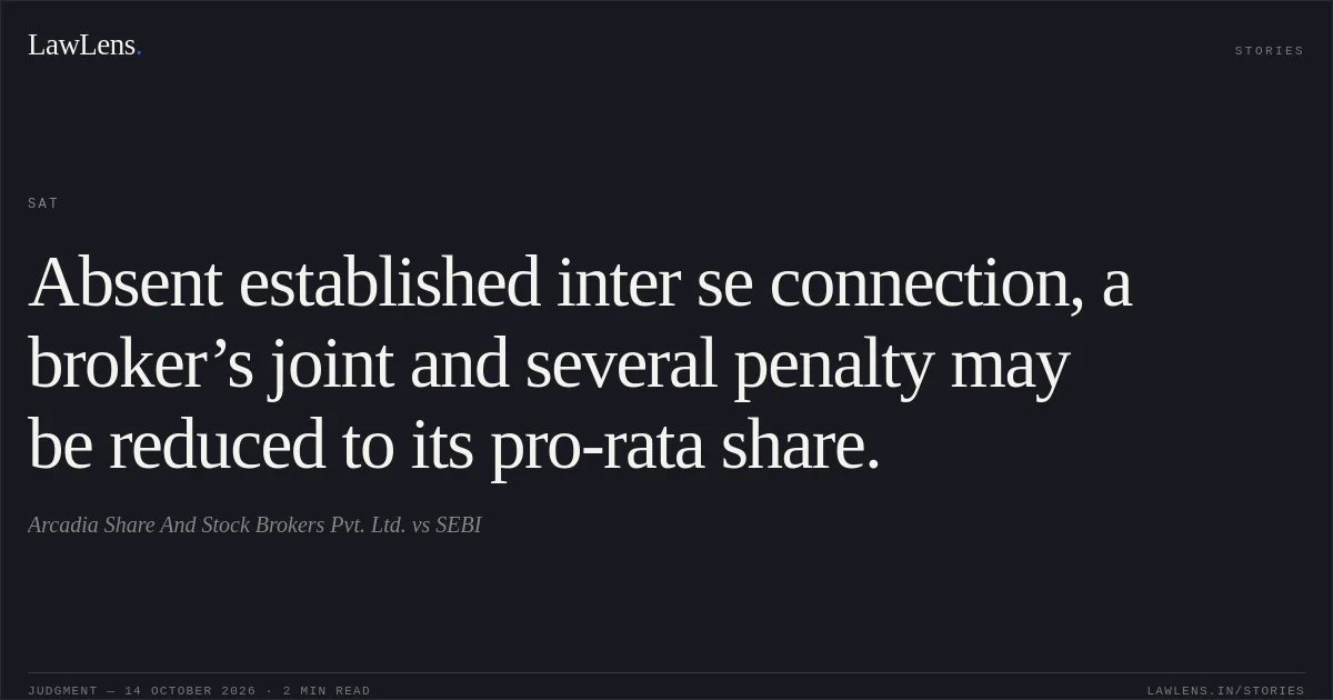 Absent established inter se connection, a broker’s joint and several penalty may be reduced to its pro-rata share.. Arcadia Share And Stock Brokers Pvt. Ltd. vs SEBI. SAT. LawLens