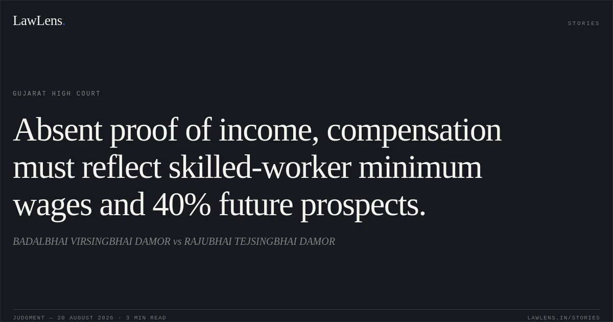 Absent proof of income, compensation must reflect skilled-worker minimum wages and 40% future prospects.. BADALBHAI VIRSINGBHAI DAMOR vs RAJUBHAI TEJSINGBHAI DAMOR. Gujarat High Court. LawLens