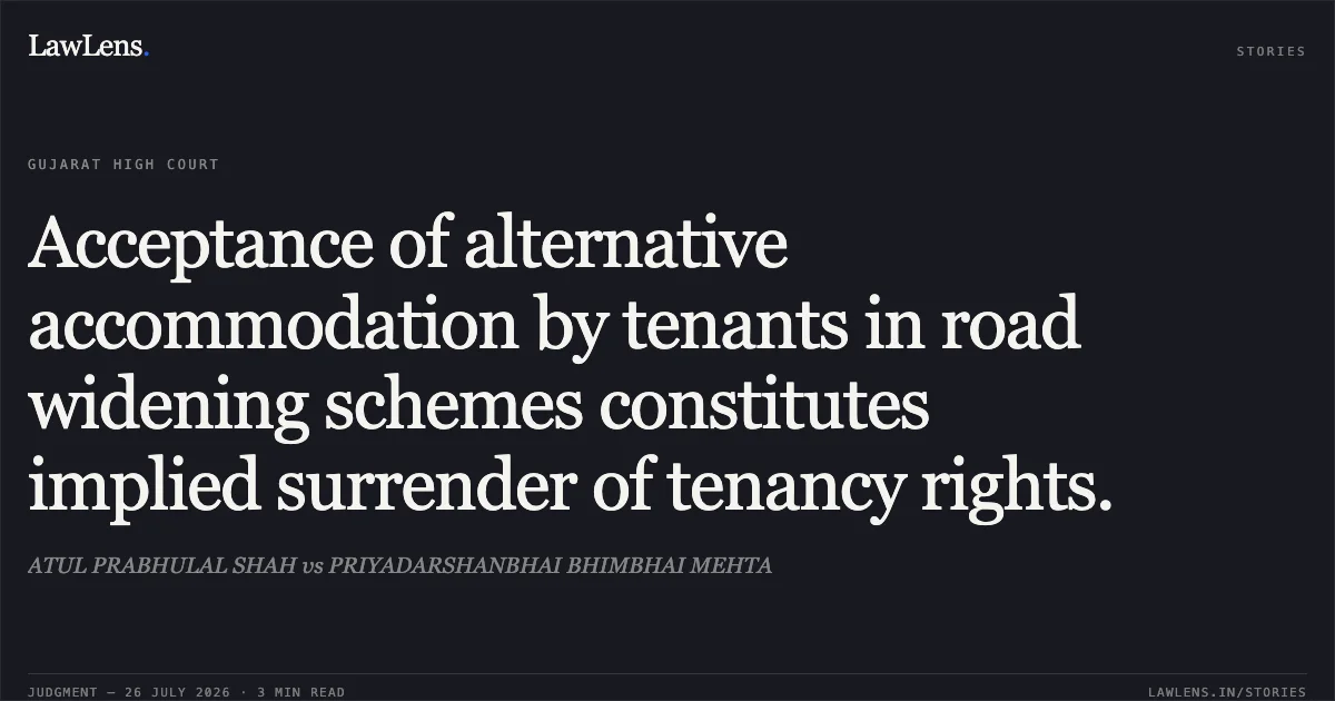 Acceptance of alternative accommodation by tenants in road widening schemes constitutes implied surrender of tenancy rights.. ATUL PRABHULAL SHAH vs PRIYADARSHANBHAI BHIMBHAI MEHTA. Gujarat High Court. LawLens