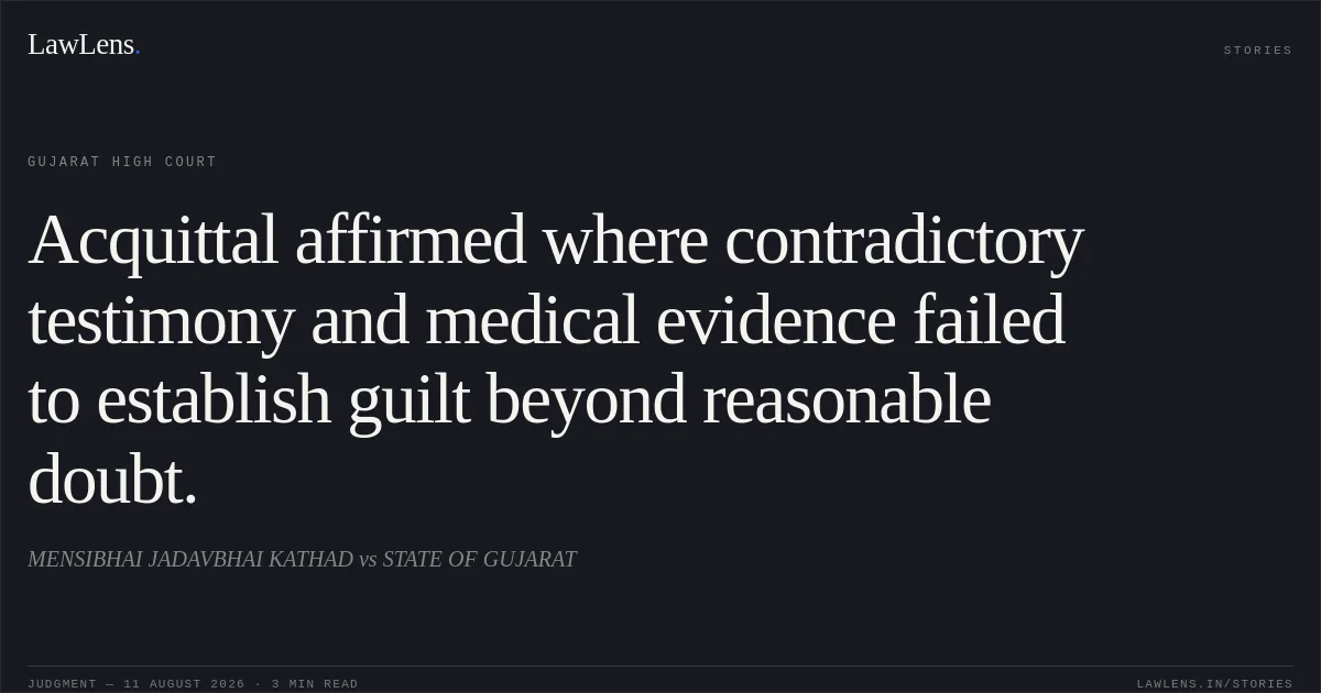 Acquittal affirmed where contradictory testimony and medical evidence failed to establish guilt beyond reasonable doubt.. MENSIBHAI JADAVBHAI KATHAD vs STATE OF GUJARAT. Gujarat High Court. LawLens