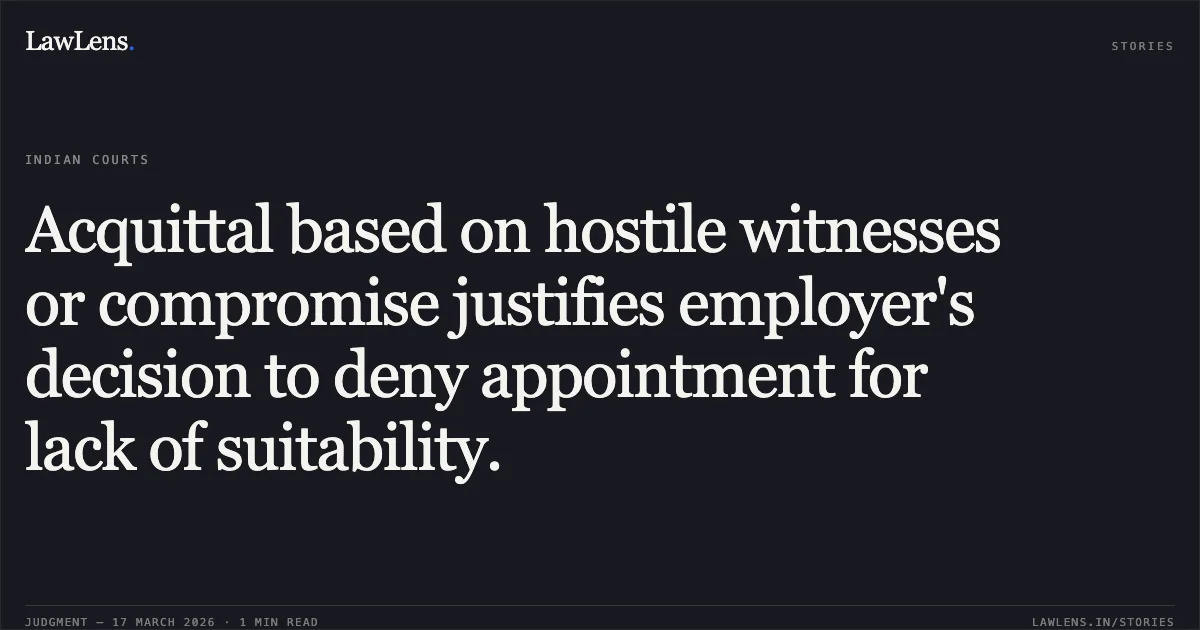 Acquittal based on hostile witnesses or compromise justifies employer's decision to deny appointment for lack of suitability.. Kislay Thakur vs Union Of India & Ors.. Delhi High Court. LawLens