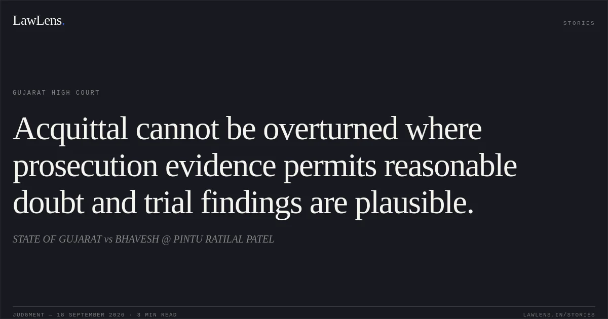 Acquittal cannot be overturned where prosecution evidence permits reasonable doubt and trial findings are plausible.. STATE OF GUJARAT vs BHAVESH @ PINTU RATILAL PATEL. Gujarat High Court. LawLens