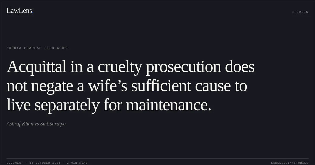 Acquittal in a cruelty prosecution does not negate a wife’s sufficient cause to live separately for maintenance.. Ashraf Khan vs Smt.Suraiya. Madhya Pradesh High Court. LawLens