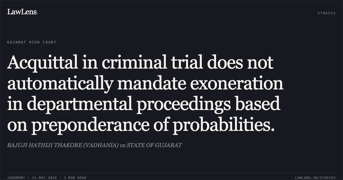Acquittal in criminal trial does not automatically mandate exoneration in departmental proceedings based on preponderance of probabilities.. BAJUJI HATHIJI THAKORE (VADHANIA) vs STATE OF GUJARAT. Gujarat High Court. LawLens