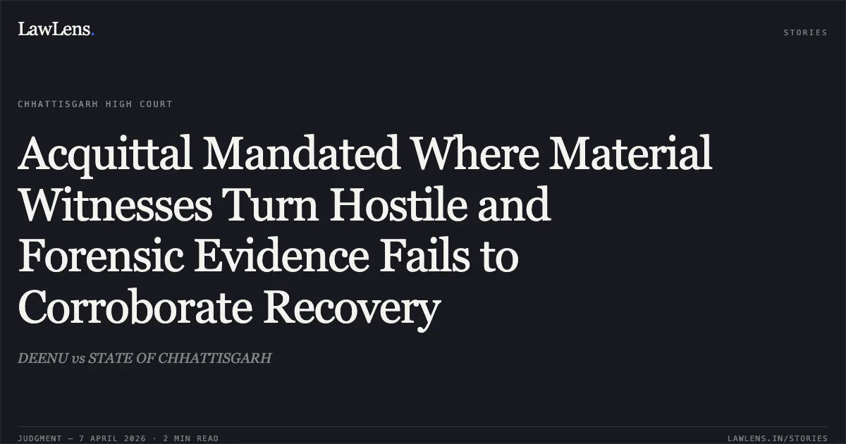 Acquittal Mandated Where Material Witnesses Turn Hostile and Forensic Evidence Fails to Corroborate Recovery. DEENU vs STATE OF CHHATTISGARH. Chhattisgarh High Court. LawLens