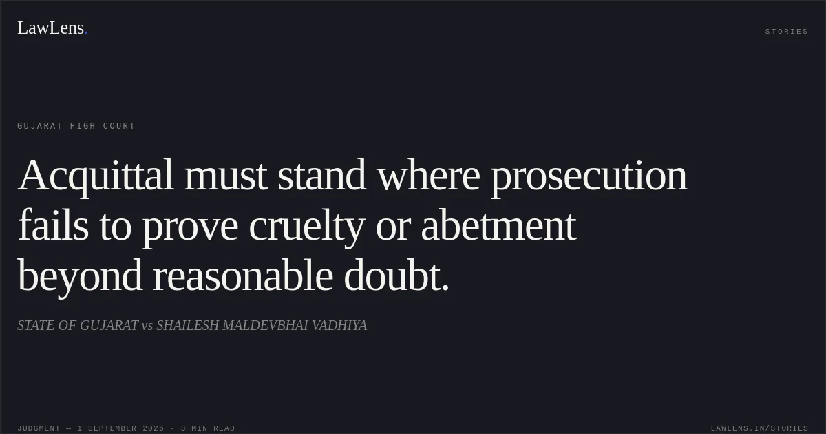 Acquittal must stand where prosecution fails to prove cruelty or abetment beyond reasonable doubt.. STATE OF GUJARAT vs SHAILESH MALDEVBHAI VADHIYA. Gujarat High Court. LawLens