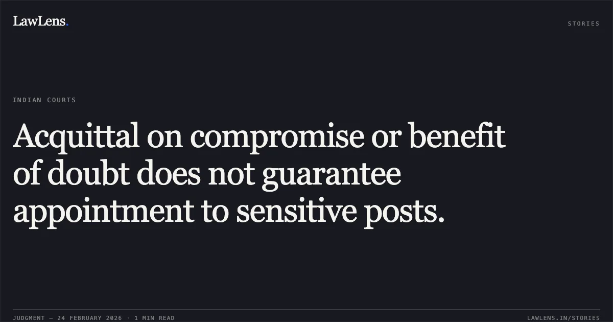 Acquittal on compromise or benefit of doubt does not guarantee appointment to sensitive posts.. Raju Nath v. Commissioner of Police & Anr. O.A. No. 5027/2024. Central Administrative Tribunal. LawLens