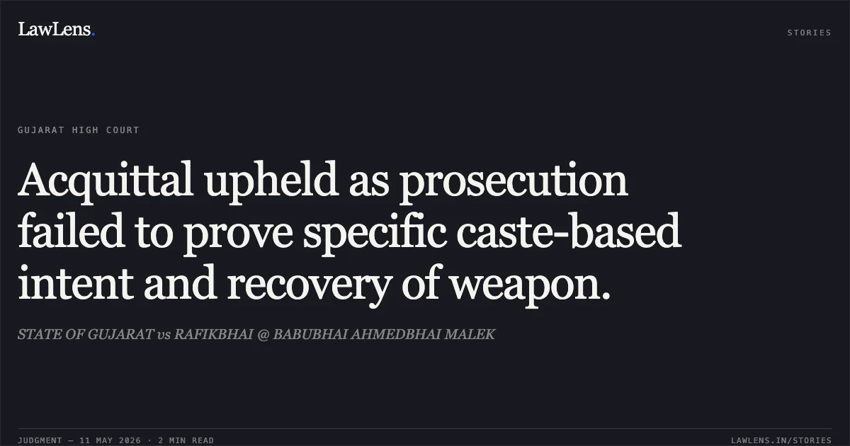 Acquittal upheld as prosecution failed to prove specific caste-based intent and recovery of weapon.. STATE OF GUJARAT vs RAFIKBHAI @ BABUBHAI AHMEDBHAI MALEK. Gujarat High Court. LawLens