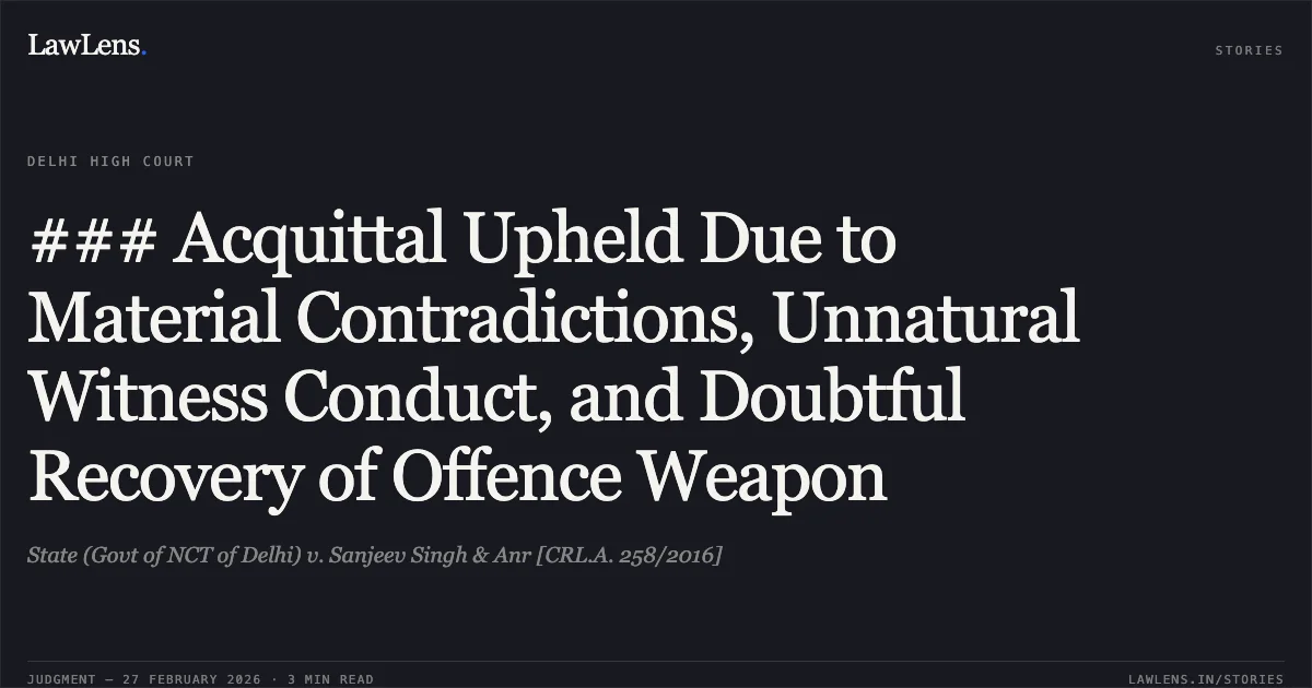 ### Acquittal Upheld Due to Material Contradictions, Unnatural Witness Conduct, and Doubtful Recovery of Offence Weapon. State (Govt of NCT of Delhi) v. Sanjeev Singh & Anr [CRL.A. 258/2016]. Delhi High Court. LawLens