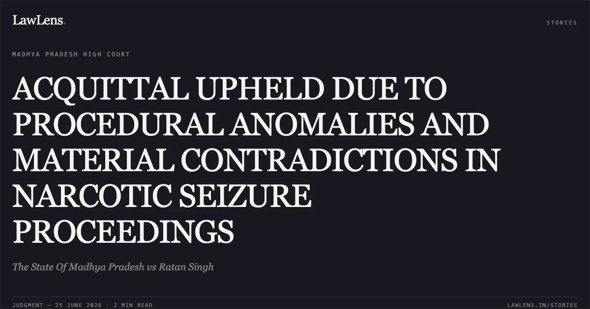 ACQUITTAL UPHELD DUE TO PROCEDURAL ANOMALIES AND MATERIAL CONTRADICTIONS IN NARCOTIC SEIZURE PROCEEDINGS. The State Of Madhya Pradesh vs Ratan Singh. Madhya Pradesh High Court. LawLens