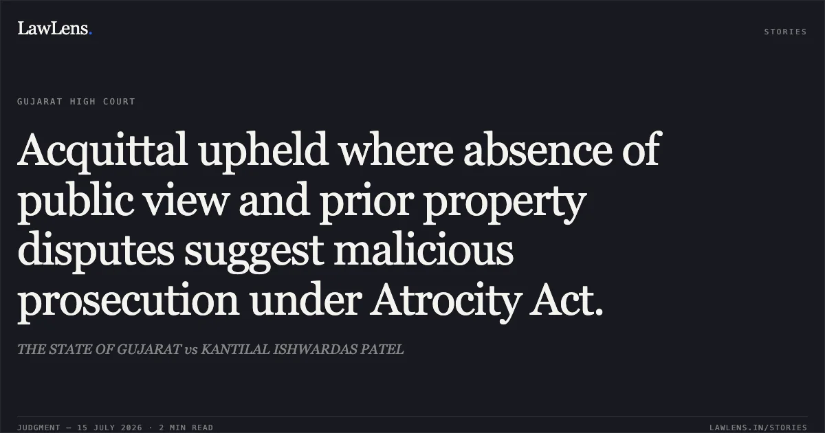 Acquittal upheld where absence of public view and prior property disputes suggest malicious prosecution under Atrocity Act.. THE STATE OF GUJARAT vs KANTILAL ISHWARDAS PATEL. Gujarat High Court. LawLens