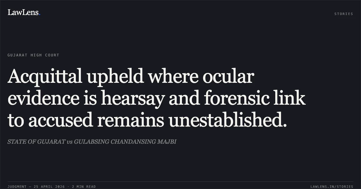 Acquittal upheld where ocular evidence is hearsay and forensic link to accused remains unestablished.. STATE OF GUJARAT vs GULABSING CHANDANSING MAJBI. Gujarat High Court. LawLens