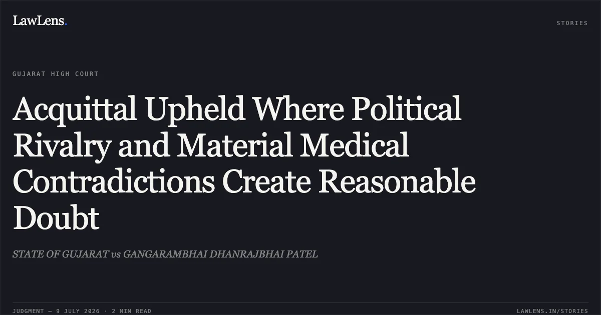 Acquittal Upheld Where Political Rivalry and Material Medical Contradictions Create Reasonable Doubt. STATE OF GUJARAT vs GANGARAMBHAI DHANRAJBHAI PATEL. Gujarat High Court. LawLens