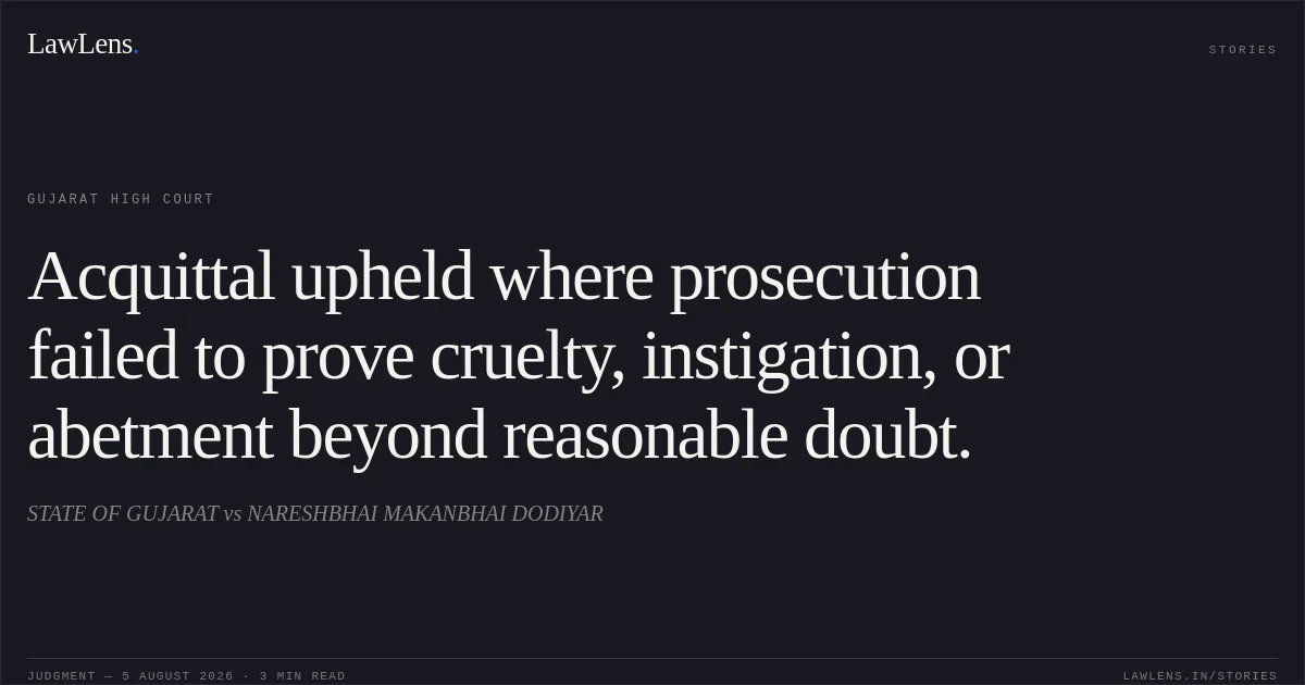Acquittal upheld where prosecution failed to prove cruelty, instigation, or abetment beyond reasonable doubt.. STATE OF GUJARAT vs NARESHBHAI MAKANBHAI DODIYAR. Gujarat High Court. LawLens