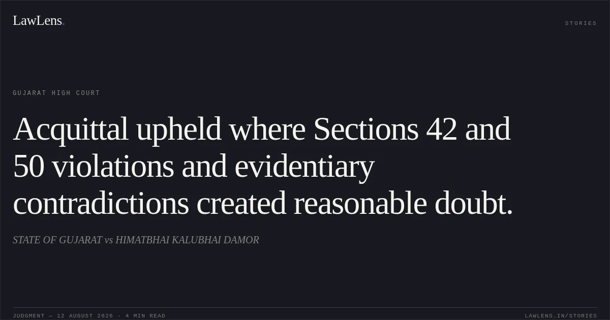 Acquittal upheld where Sections 42 and 50 violations and evidentiary contradictions created reasonable doubt.. STATE OF GUJARAT vs HIMATBHAI KALUBHAI DAMOR. Gujarat High Court. LawLens