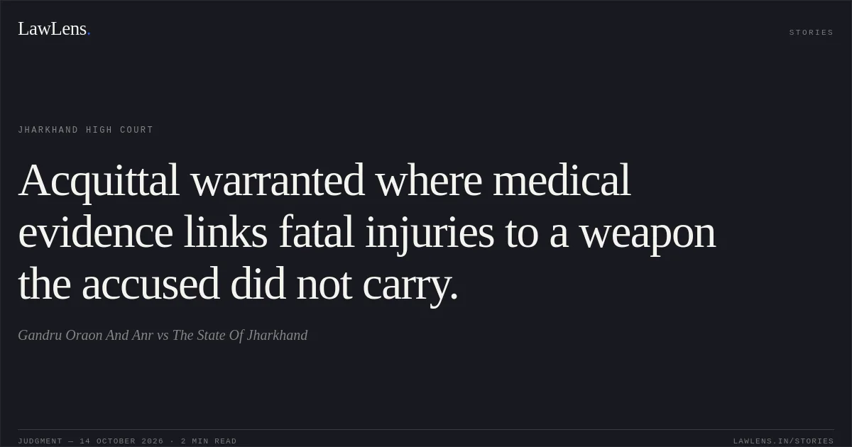 Acquittal warranted where medical evidence links fatal injuries to a weapon the accused did not carry.. Gandru Oraon And Anr vs The State Of Jharkhand. Jharkhand High Court. LawLens