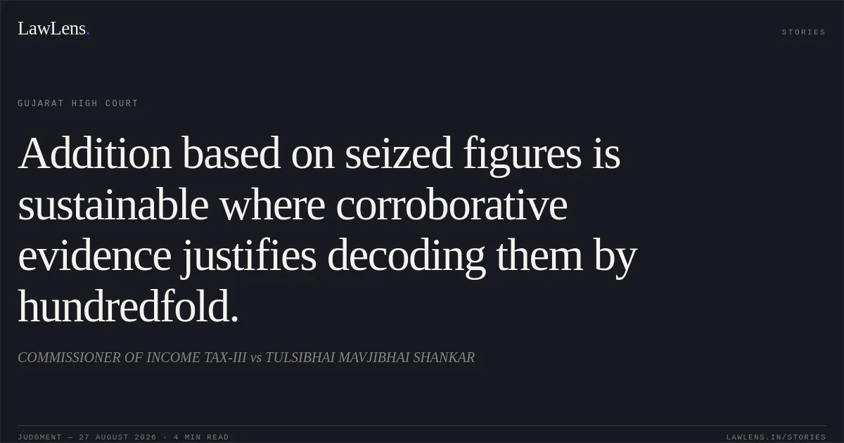 Addition based on seized figures is sustainable where corroborative evidence justifies decoding them by hundredfold.. COMMISSIONER OF INCOME TAX-III vs TULSIBHAI MAVJIBHAI SHANKAR. Gujarat High Court. LawLens