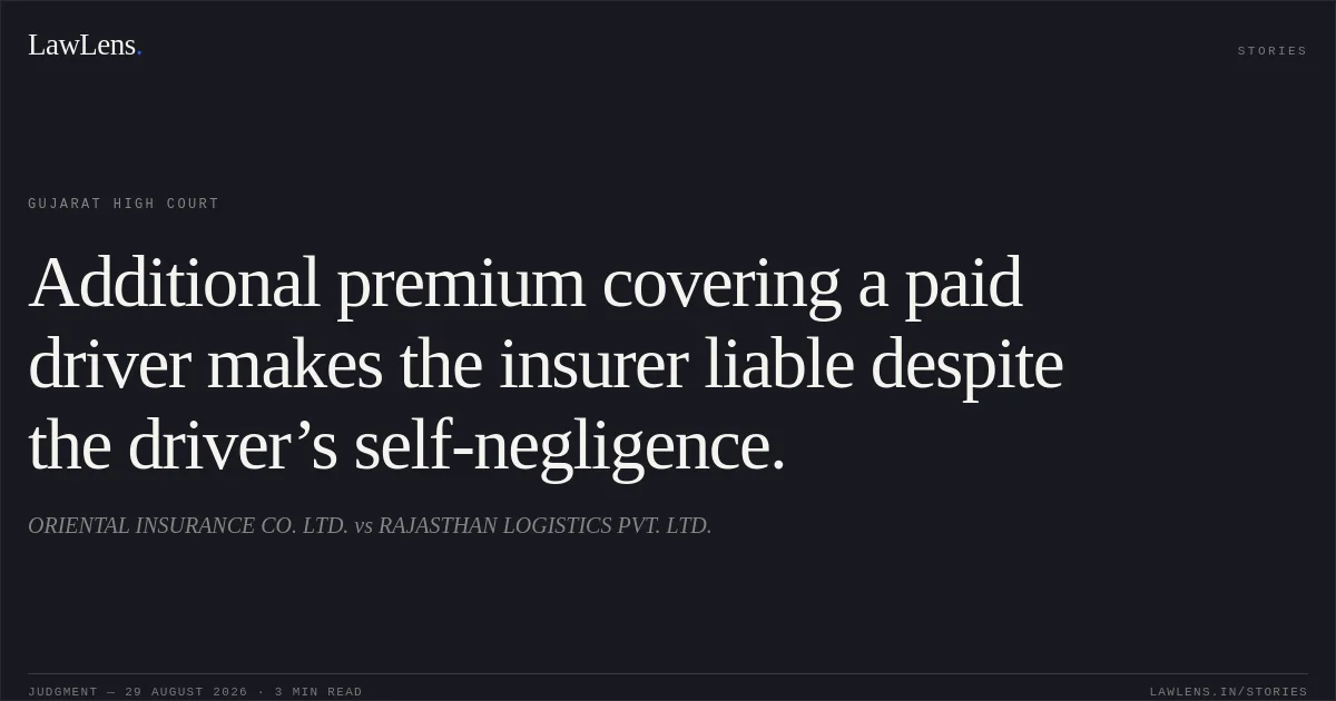 Additional premium covering a paid driver makes the insurer liable despite the driver’s self-negligence.. ORIENTAL INSURANCE CO. LTD. vs RAJASTHAN LOGISTICS PVT. LTD.. Gujarat High Court. LawLens