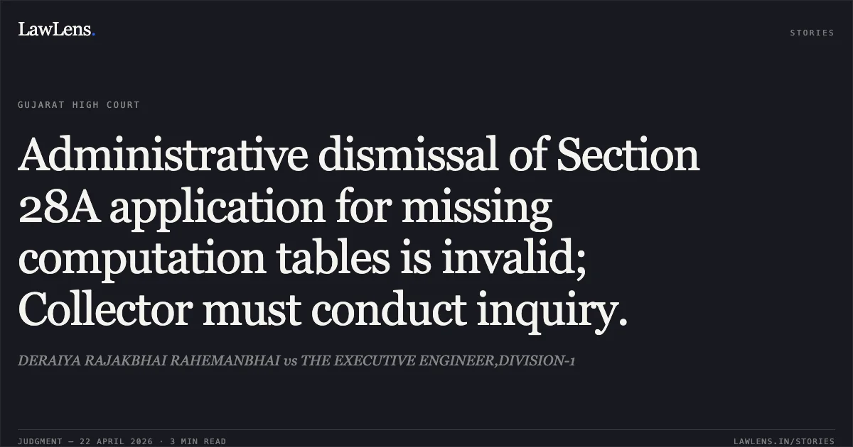 Administrative dismissal of Section 28A application for missing computation tables is invalid; Collector must conduct inquiry.. DERAIYA RAJAKBHAI RAHEMANBHAI vs THE EXECUTIVE ENGINEER,DIVISION-1. Gujarat High Court. LawLens