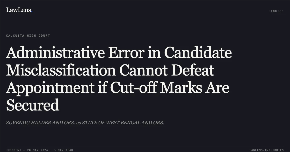 Administrative Error in Candidate Misclassification Cannot Defeat Appointment if Cut-off Marks Are Secured. SUVENDU HALDER AND ORS. vs STATE OF WEST BENGAL AND ORS.. Calcutta High Court. LawLens