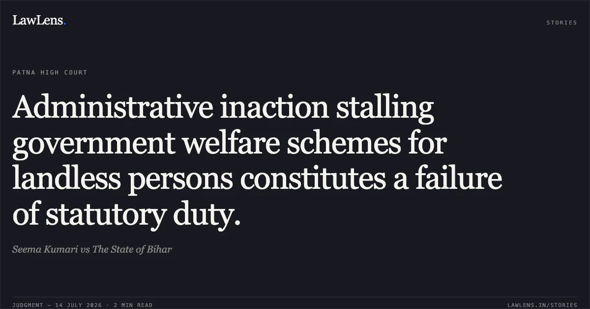 Administrative inaction stalling government welfare schemes for landless persons constitutes a failure of statutory duty.. Seema Kumari vs The State of Bihar. Patna High Court. LawLens