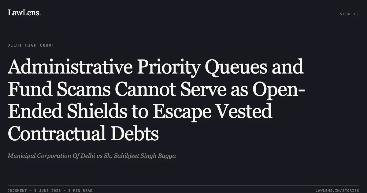 Administrative Priority Queues and Fund Scams Cannot Serve as Open-Ended Shields to Escape Vested Contractual Debts. Municipal Corporation Of Delhi vs Sh. Sahibjeet Singh Bagga. Delhi High Court. LawLens