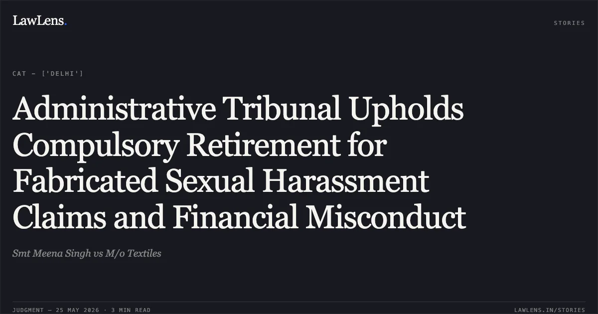 Administrative Tribunal Upholds Compulsory Retirement for Fabricated Sexual Harassment Claims and Financial Misconduct. Smt Meena Singh vs M/o Textiles. Central Administrative Tribunal. LawLens
