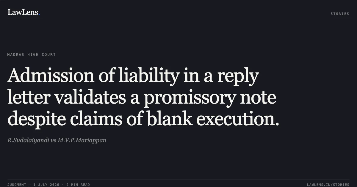 Admission of liability in a reply letter validates a promissory note despite claims of blank execution.. R.Sudalaiyandi vs M.V.P.Mariappan. Madras High Court. LawLens