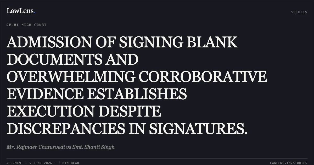 ADMISSION OF SIGNING BLANK DOCUMENTS AND OVERWHELMING CORROBORATIVE EVIDENCE ESTABLISHES EXECUTION DESPITE DISCREPANCIES IN SIGNATURES.. Mr. Rajinder Chaturvedi vs Smt. Shanti Singh. Delhi High Court. LawLens