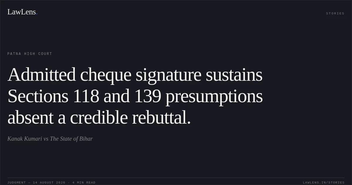 Admitted cheque signature sustains Sections 118 and 139 presumptions absent a credible rebuttal.. Kanak Kumari vs The State of Bihar. Patna High Court. LawLens