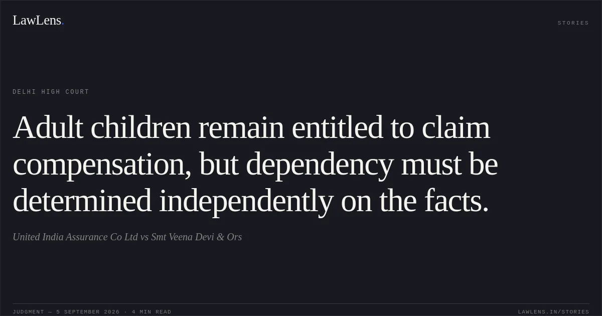 Adult children remain entitled to claim compensation, but dependency must be determined independently on the facts.. United India Assurance Co Ltd vs Smt Veena Devi & Ors. Delhi High Court. LawLens