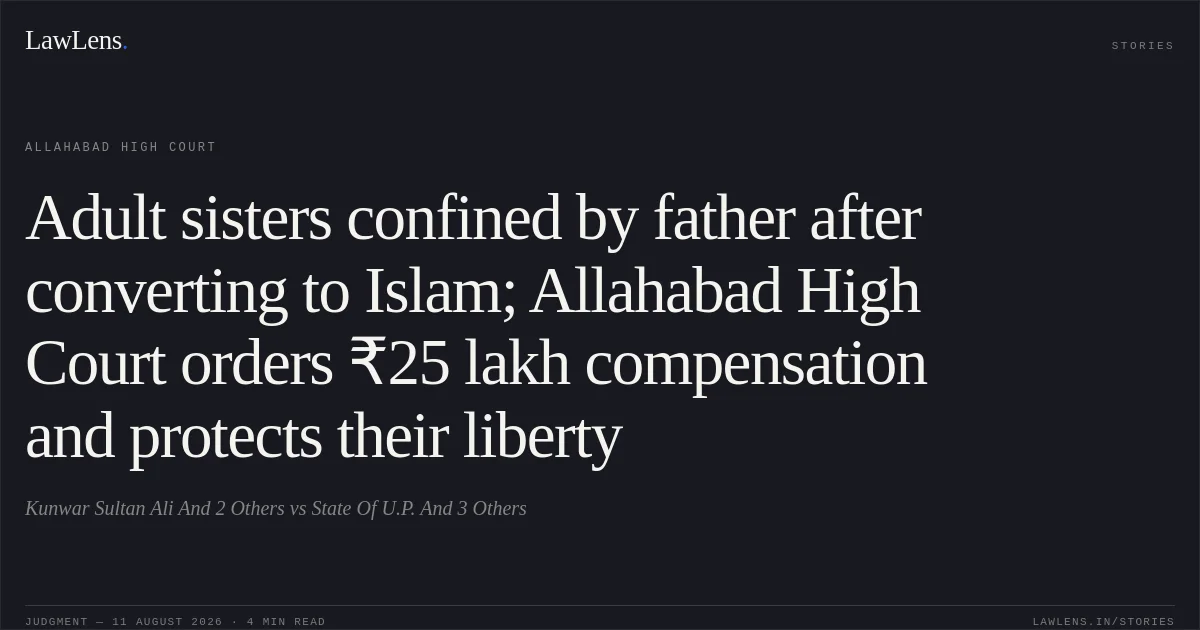 Adult sisters confined by father after converting to Islam; Allahabad High Court orders ₹25 lakh compensation and protects their liberty. Kunwar Sultan Ali And 2 Others vs State Of U.P. And 3 Others. Allahabad High Court. LawLens