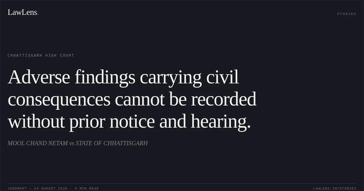 Adverse findings carrying civil consequences cannot be recorded without prior notice and hearing.. MOOL CHAND NETAM vs STATE OF CHHATTISGARH. Chhattisgarh High Court. LawLens