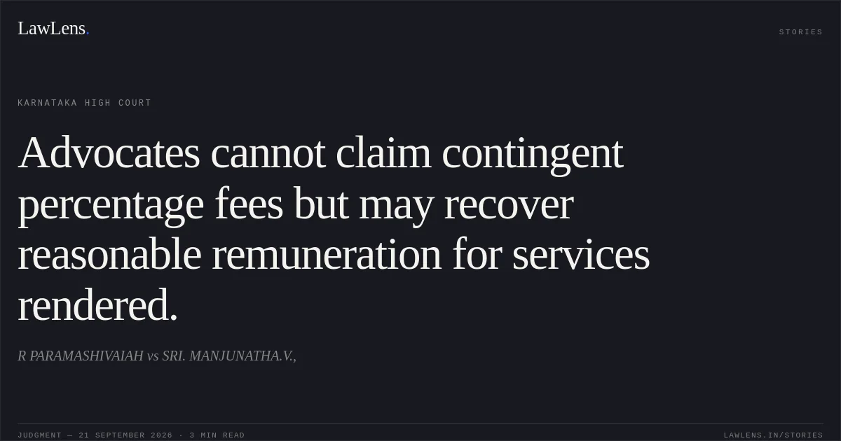 Advocates cannot claim contingent percentage fees but may recover reasonable remuneration for services rendered.. R PARAMASHIVAIAH vs SRI. MANJUNATHA.V.,. Karnataka High Court. LawLens