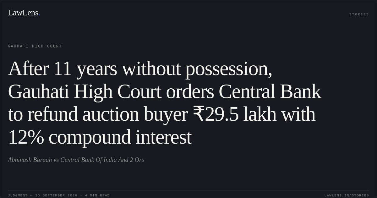 After 11 years without possession, Gauhati High Court orders Central Bank to refund auction buyer ₹29.5 lakh with 12% compound interest. Abhinash Baruah vs Central Bank Of India And 2 Ors. Gauhati High Court. LawLens